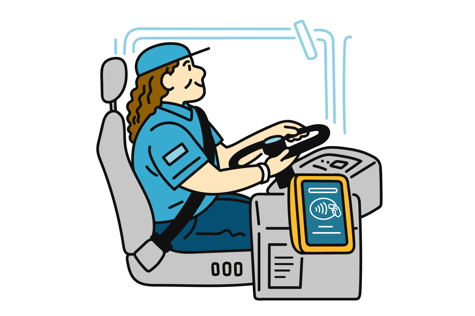 A bus driver operates a vehicle transmitting real-time data.